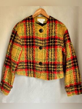 Vintage Carlisle Wool Boucle Plaid Cropped Jacket Womens 14 Hong Kong Lined